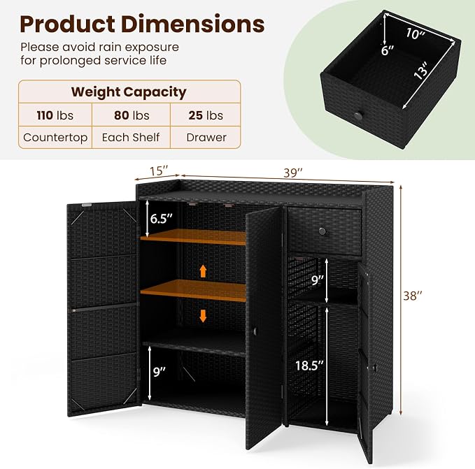 Tangkula Rattan Outdoor Storage Cabinet, Patiojoy Outdoor Cabinet - Image 6