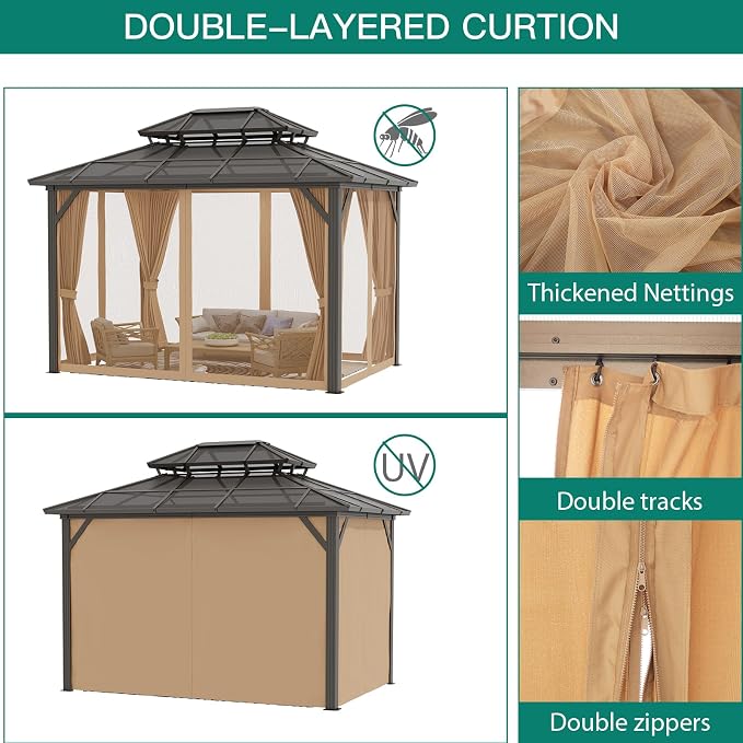 GAOMON 10'x12' Hardtop Gazebo, Outdoor Polycarbonate Double Roof Canopy - Image 4