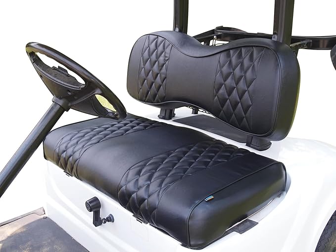Huskey 2PCS Golf Cart Front Seat Covers for EZGO RXV 2008-UP G&E Models Custom Two-Tone Black Diamond Stitching with Black Piping, Marine Grade Vinyl Material, Staple on Design