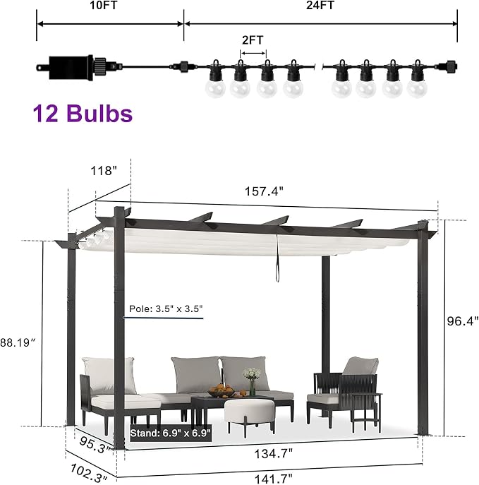 PURPLE LEAF Outdoor Pergola 10' x 13' w/Lights & Double Canopy, aluminum frame - Image 5