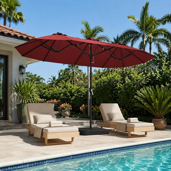 15ft Red Patio Umbrella with Base Included, Rectangle Double Extra Large Table - Image 4