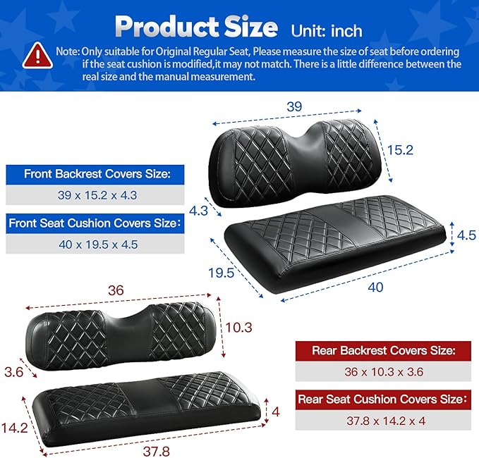 NOKINS 4PCS Golf Cart Seat Covers Kit, Front and Rear Seat Covers Fits Club Car Precedent Standard Seat Cushion, Club Car Vinyl Seat Covers Accessories, No Staples(Black&Black Stitch)