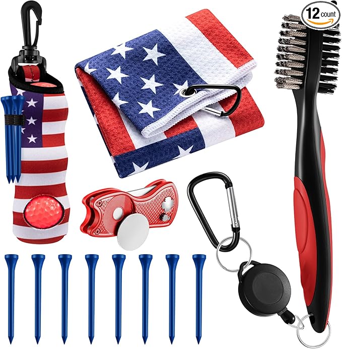 Liliful 12 Pcs Golf Accessories Kit, Include Golf Ball Bag with Hook Towel Tees Magnetic Ball Marker Divot Tool Cleaner Brush for Women Man Gifts