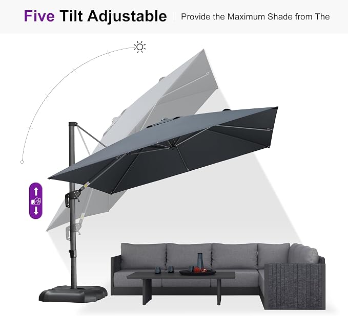 PURPLE LEAF Patio Umbrella Outdoor 10' x 10' Square 360° Rotation Grey | - Image 6