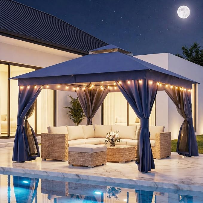12'x12' Outdoor Gazebo with 100FT String Lights, Metal Heavy Duty Patio Canopy by LAUSAINTHOME