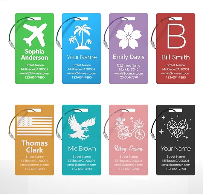 4 Personalized Metal Luggage Tags for Suitcase, Laser Engraved with Text and Logo, Custom Aluminum Name Tags with Stainless Steel Ring, for Travel, Golf Bag, and Baggage (Blue)