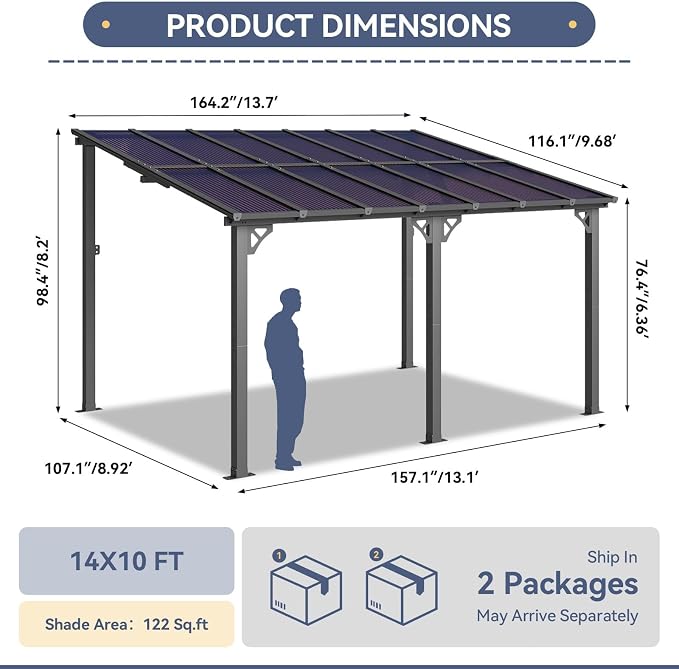 10x14FT Lean to Gazebo Pergola Patio Pergolas withSloped Roof | Large Wall - Image 2