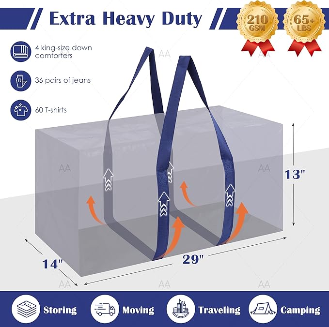6 Pack Extra Large Heavy Duty Moving Bags with Reinforced Zipper & Wide Handles, Moisture-Resistant Storage Bins Packing Cubes for Clothes, College Dorm, Travel, and Home Organization, Dark Blue