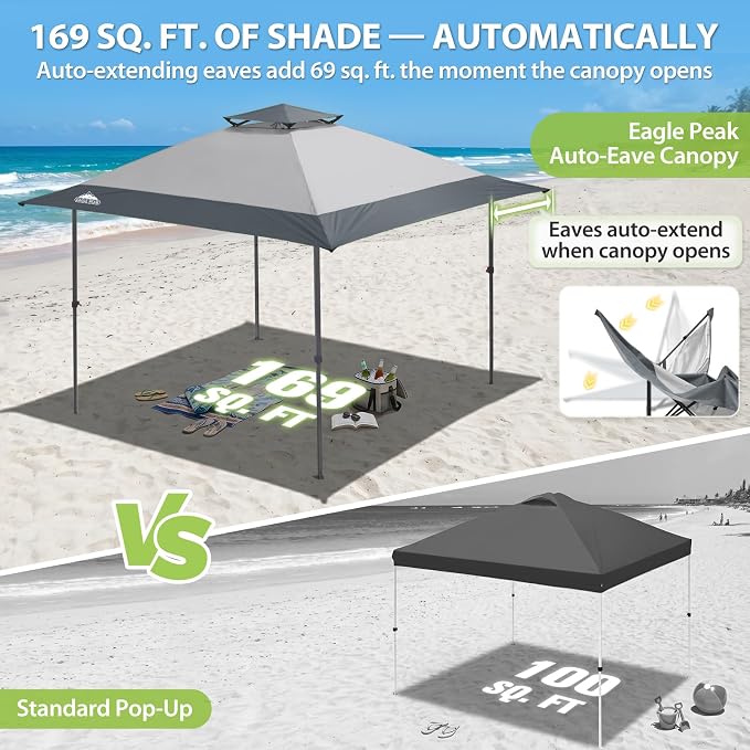 EAGLE PEAK 13x13 Pop Up Canopy Tent, Auto Extended Eaves, Light Gray | Easy - Image 4
