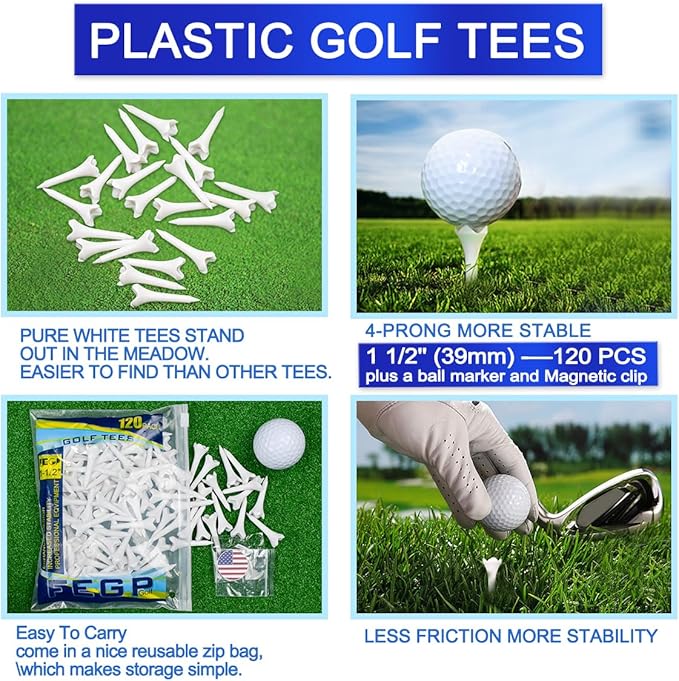 1 1/2 Inch Plastic Golf Tees,Short Tees 120 Pack-4 Prongs with Low Friction Design for Iron,Par Threes,Hybrids and Driving Range,with High Stability and Low-Friction White Golf Tees