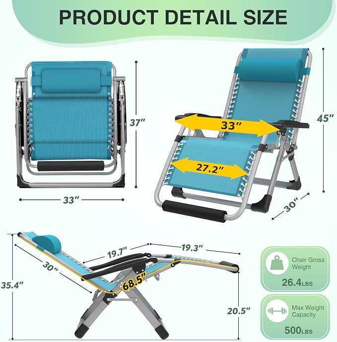 Suteck Oversized Zero Gravity Chair, 500LBS 33" XXL Reclining Lounge Chairs | - Image 2
