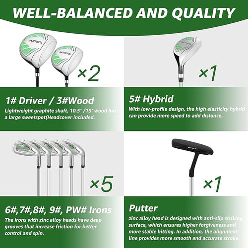 10 Pieces Golf Clubs Full Set Mens Right Hand,Golf Set Includes Stand Bag with Rain Hood, 1#Driver 3#Wood #5 Hybrid,with 3 Head Covers, 6# 7# 8# 9# PW# Irons and Putter