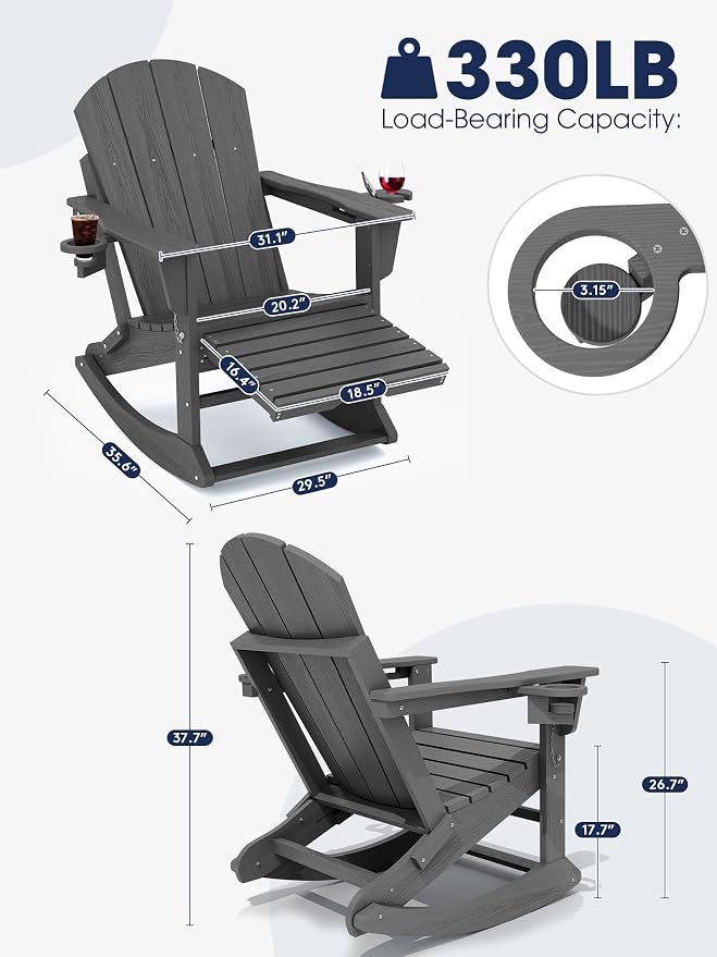 Adirondack Rocking Chair with Ottoman and Cup Holders | HDPE Porch Rocker - Image 2