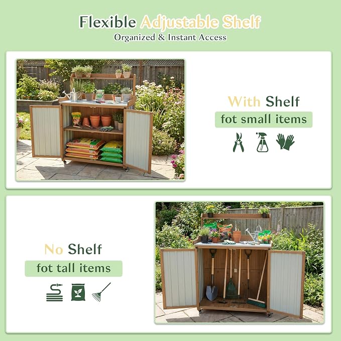 Outdoor Storage Cabinet with 4 Wheels and Handle, Metal & Wood Potting Bench - Image 8