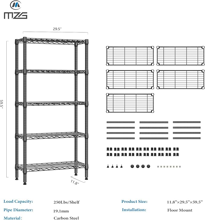 M MZG 1250 lbs 5 Tier Shelf Metal Storage Shelves Wire Rack Closet Organizers - Image 3