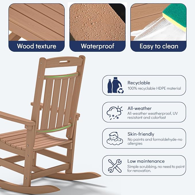 Oversized HDPE Outdoor Rocking Chair, All-Weather Resistant, Teak | Heavy Duty - Image 6
