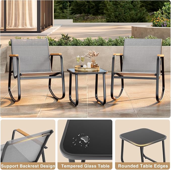 3 Pieces Patio Furniture Set, Outdoor Textilene Furniture Set, A Tempered Glass - Image 5
