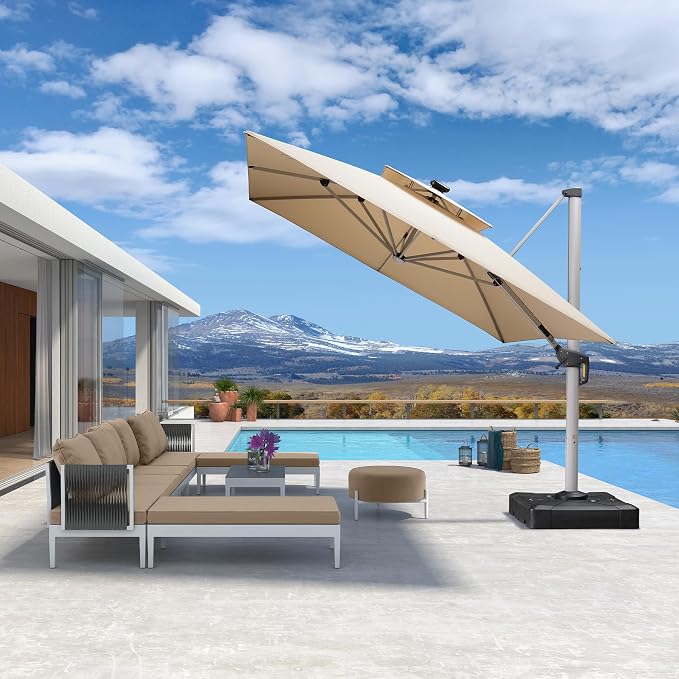 PURPLE LEAF Cantilever Umbrella 10' X 13' Double Top Solar LED Light, Support - Image 2
