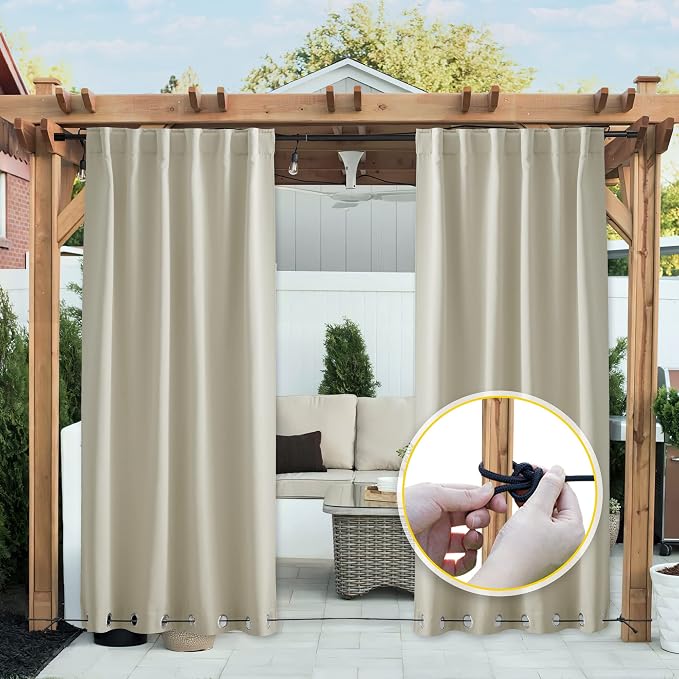 NICETOWN 2 Panels Thermal Outdoor Curtains Windproof W52xL72 Light Beige | - Image 4