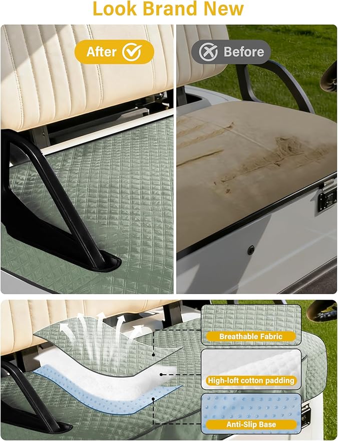 Golf Cart Seat Covers,Golf Cart Seat Towel Blanket with 4 Front Pockets & Nonskid Bottom Fits for EZGO and More 2 Person Seats Golf Carts (Silver Green, Ezgo)