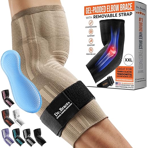 DR. BRACE® Elite Elbow Brace Support, Breathable Elbow Compression Sleeve with Gel Pad for Golfer's, Tennis Elbow & Tendonitis Treatment & Pain Relief 2024 (Nude (Beige), XX-Large)