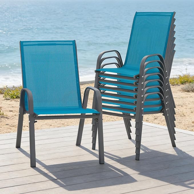 24.4" Wide Outdoor Stackable Chairs Set of 8 | Stacking Patio Chairs - Image 2