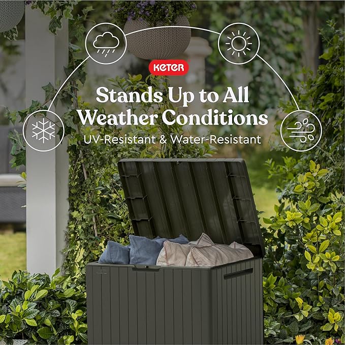 Keter City 30 Gal Outdoor Storage Box and Patio Side Table | Taupe, Weatherproof - Image 3