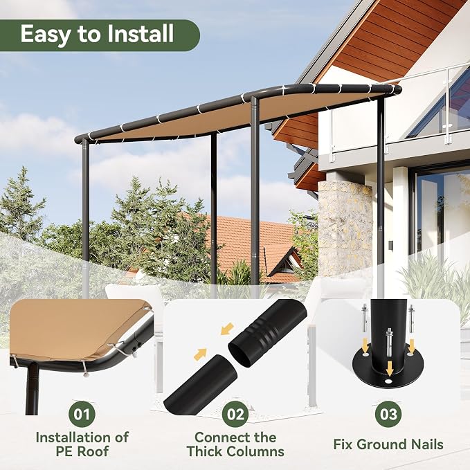 Aoxun 8x5 Lean-to Gazebo, Sloped Roof Pergola Porch Canopy Awning - Image 5