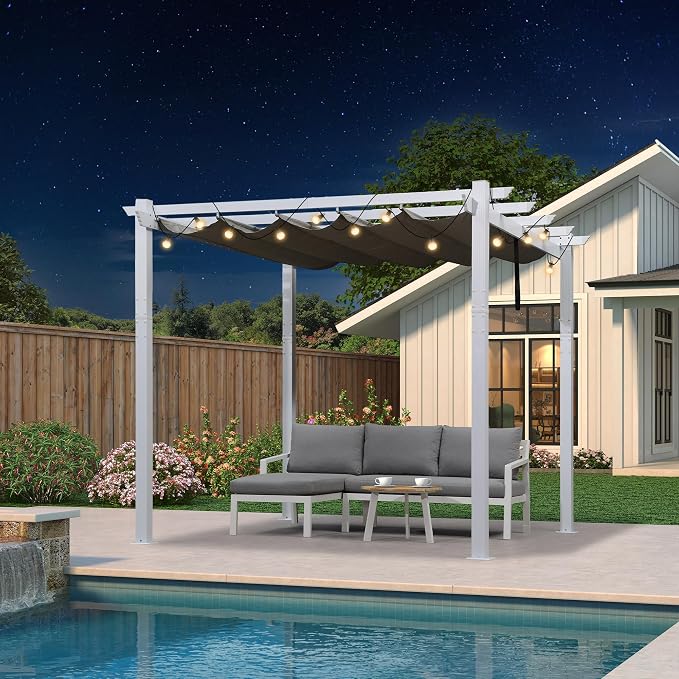 PURPLE LEAF White Pergola 10' x 10' Metal Frame Retractable Canopy, Higher by PURPLELEAF