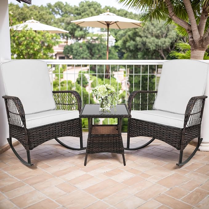 3pcs Modern PE Wicker Outdoor Rocking Chairs & Glass Table Set - Image 2