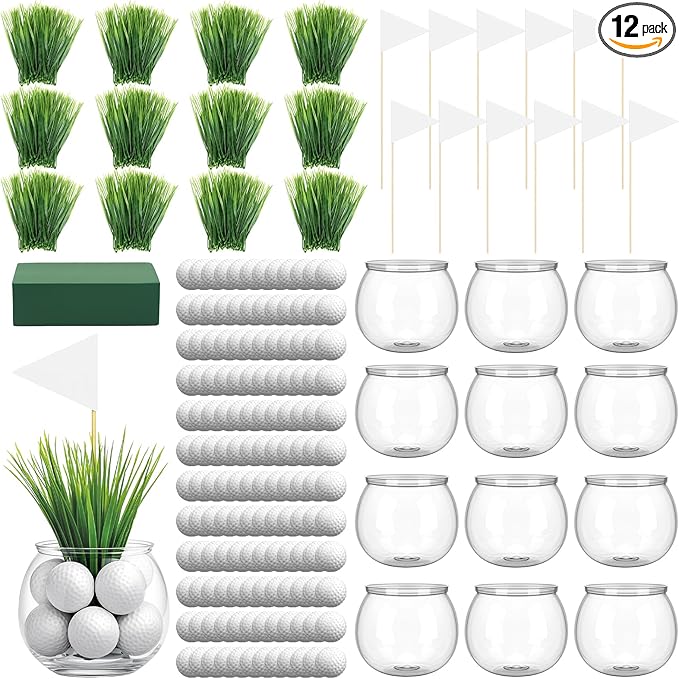 LemonRoad 12 Set Golf Party Centerpieces Table Decorations with Hollow Plastic Ball Artificial Grass Flag Flower Mud Sport Centerpiece Table Toppers for Golf Birthday Party Baby Shower Supplies