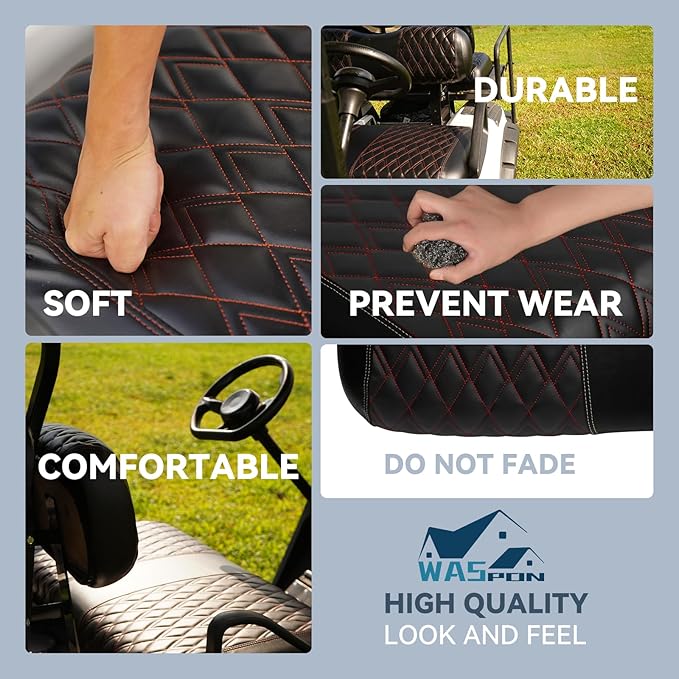 4PCS Golf Cart Diamond Seat Covers Kit, Fits EZGO TXT 1994-2013 Golf Cart Vinyl Replacement Seat Cover （Black Stitching, No Stapler, Easy to Clean）