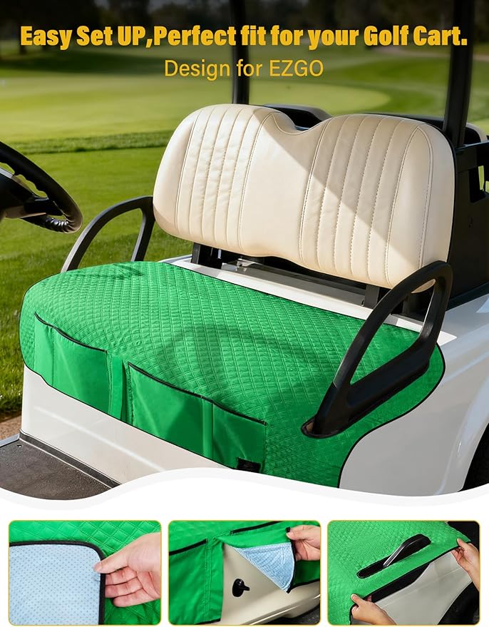 Golf Cart Seat Covers,Golf Cart Seat Towel Blanket with 4 Front Pockets & Nonskid Bottom Fits for EZGO, Yamaha, Club Car and More 2 Person Seats Golf Carts (Christmas Green, Ezgo)