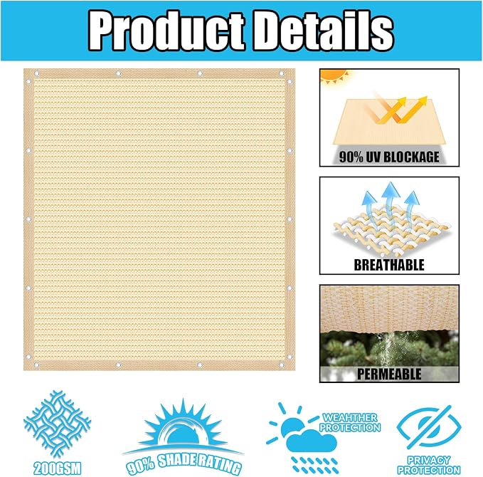 Amagenix 90% Pergola Shade Cover 8' X 20' Sun Shade Cloth - Image 3