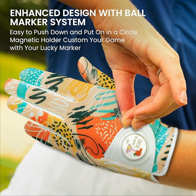 Ladies Golf Gloves Women Right Handed Golfer Left Hand Value 2 Pack with Ball Marker Leather All Weather Grip Breathable Soft Gift Set