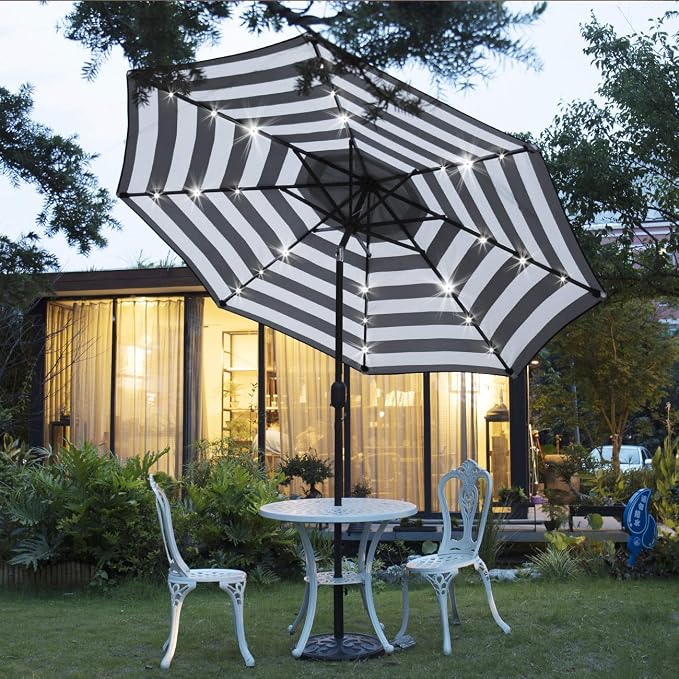 Sunnyglade 9' Solar LED Patio Umbrella, 8 Ribs Tilt & Crank Black and White | - Image 5