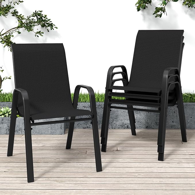 Black Patio Chairs Set of 4, Stackable Outdoor Dining Chairs by Vimstora