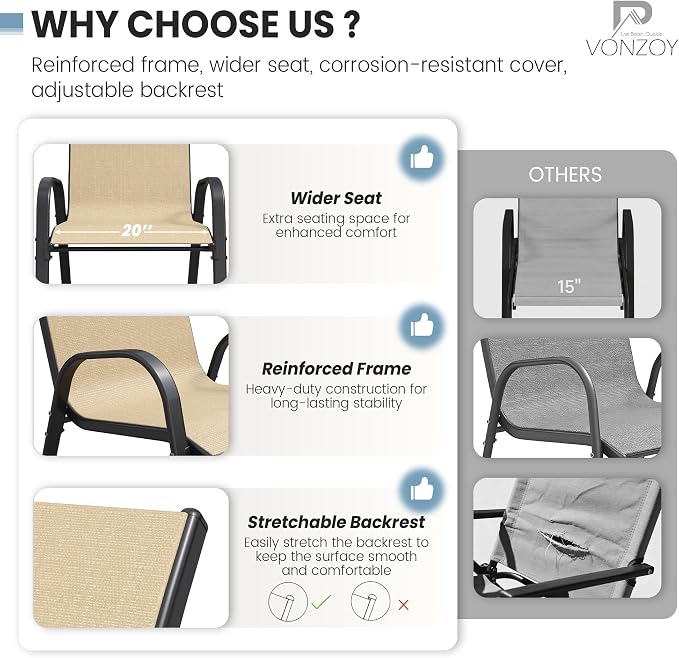 Patio Dining Chairs Set of 4, Stackable Dining Chairs, Breathable Fabric - Image 5