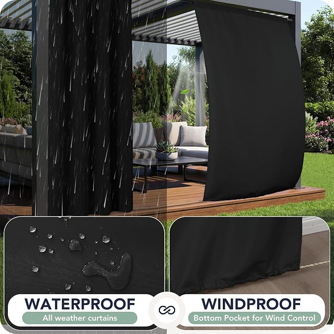 Black Outdoor Curtains for Patio Waterproof, 8 Panels, Rod Pocket | - Image 2