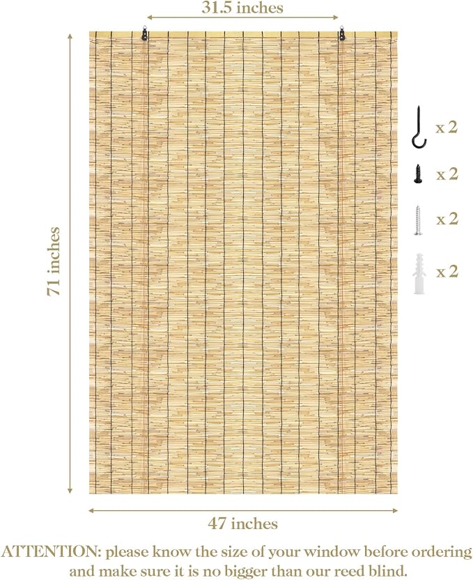 Bamboo Roll Up Shades 2 Pack, Reed Roller Blinds 47" W x 71" H, Natural Light - Image 3