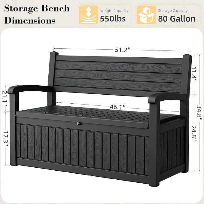 80 Gallon Deck Box Outdoor Storage Box Waterproof, Outdoor Storage Bench - Image 2