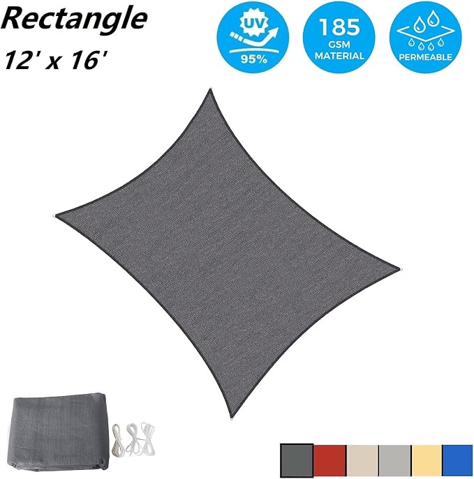 AsterOutdoor Sun Shade Sail Rectangle 12' x 16' UV Block Canopy - Image 2