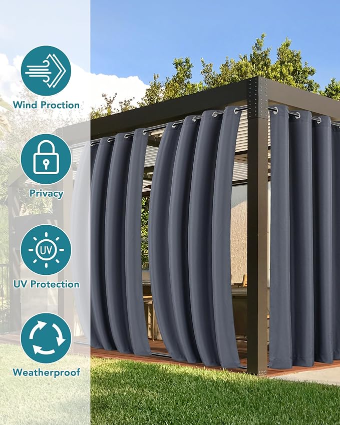 Windproof Outdoor Curtains for Patio Waterproof 4 Pcs 54x84 In Grey | Grommet - Image 3