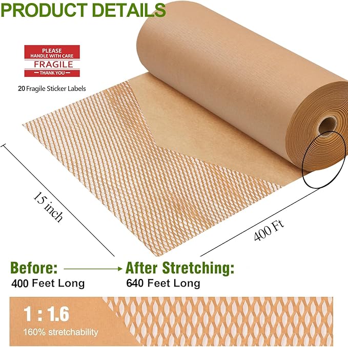 Honeycomb Packing Paper Wrap 15"x400' Sustainable Alternative to Bubble Cushioning Wrap Packing paper for Moving/shipping/packing Roll with 20 Fragile Sticker Biodegradable & Fully Recylable