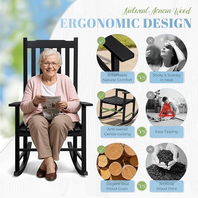 Flamaker Acacia Wood Outdoor Rocking Chairs Set of 2 | Black Rocking Chairs Set - Image 5