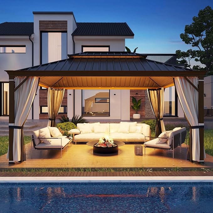 12'x16' Hardtop Gazebo, Wood Grain Aluminum Frame Outdoor Gazebo - Image 8