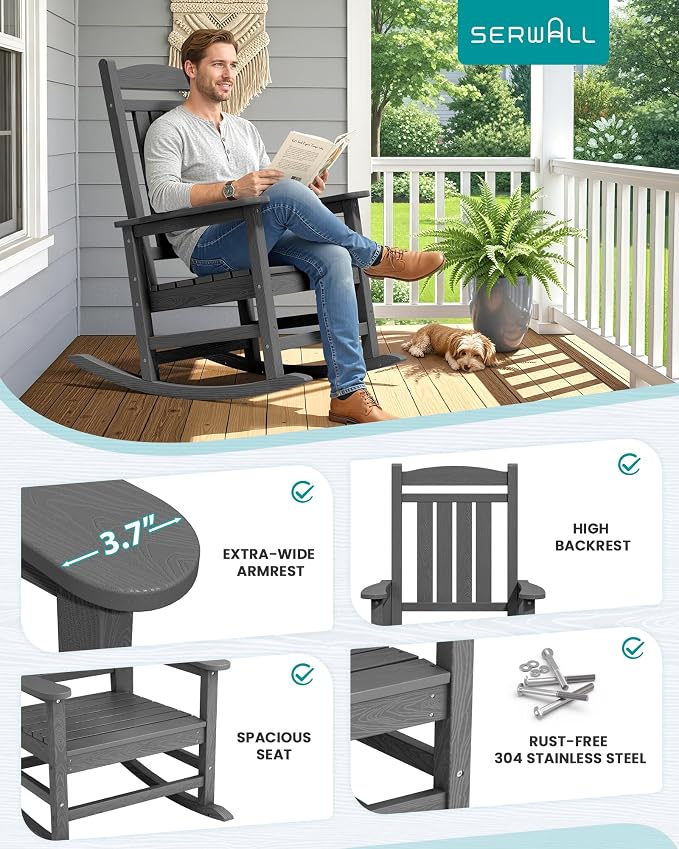 SERWALL Outdoor Rocking Chair Set of 4, Oversized Patio Rocking Chair, Porch - Image 5