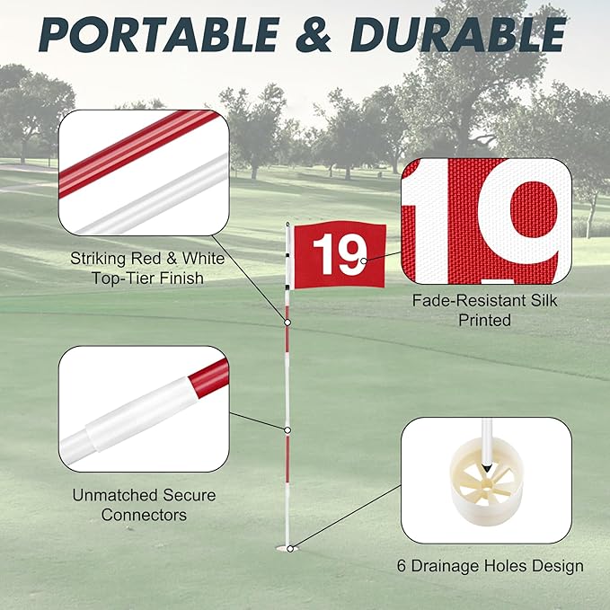Golf Flagstick 6ft, 5-Section Design, ABS Hole Cup, 420D Nylon Flag for Backyard Practice Putting Green | Driving Range | Country Club, Gift for Golf Lovers