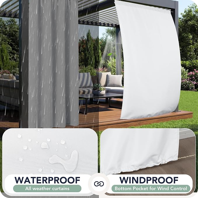 White Outdoor Curtains for Patio Waterproof, 8 Panels, Rod Pocket | - Image 2