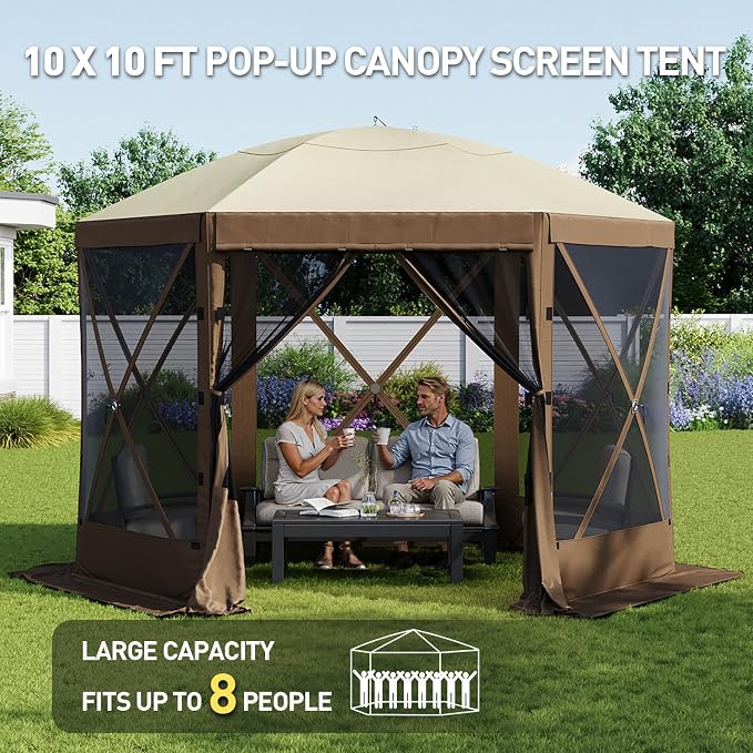 Aoxun 10x10ft Pop Up Gazebo, Camping Gazebo Screen Tent, Mesh Windows, Carry - Image 2